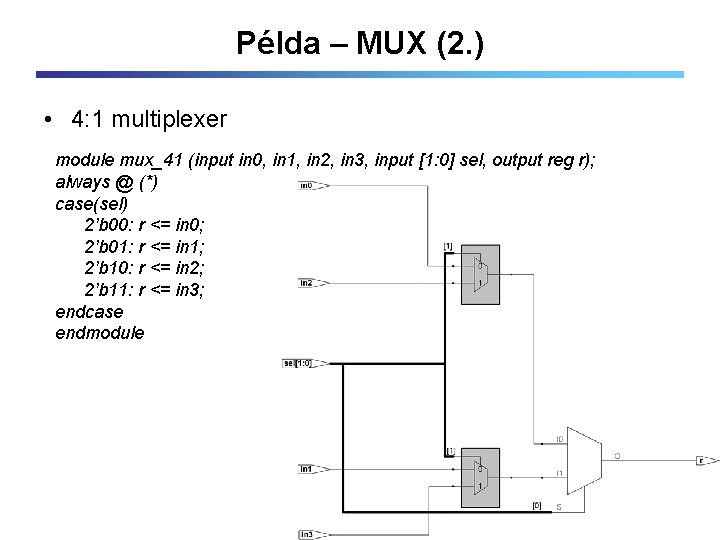 Példa – MUX (2. ) • 4: 1 multiplexer module mux_41 (input in 0,