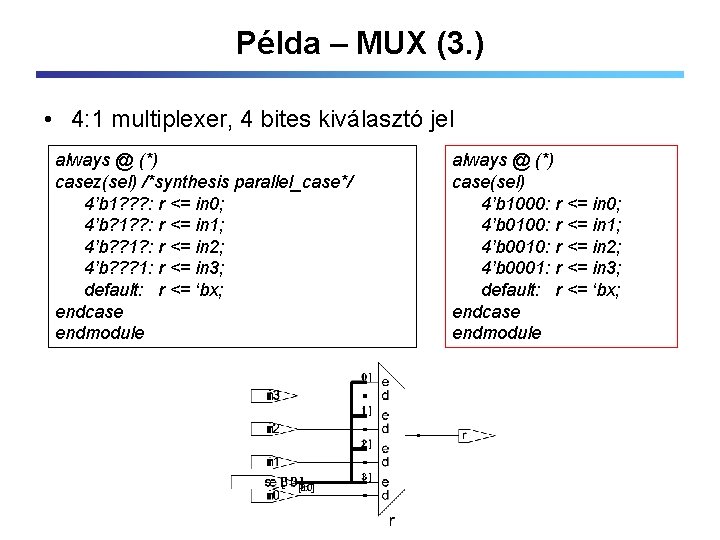 Példa – MUX (3. ) • 4: 1 multiplexer, 4 bites kiválasztó jel always