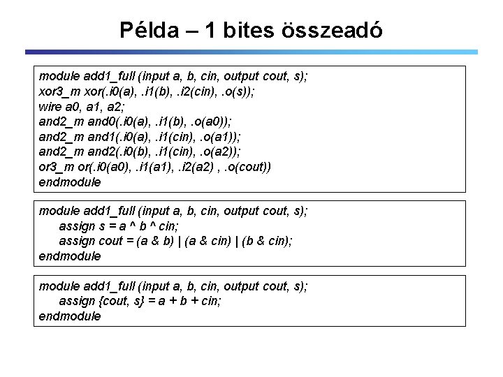 Példa – 1 bites összeadó module add 1_full (input a, b, cin, output cout,