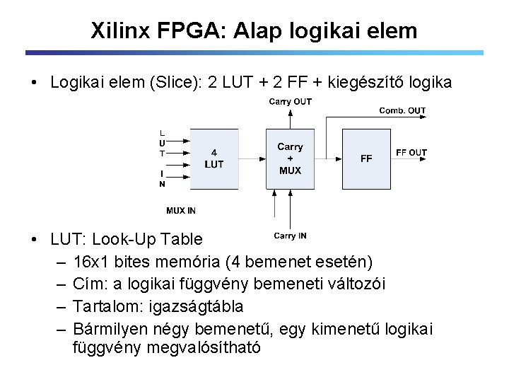 Xilinx FPGA: Alap logikai elem • Logikai elem (Slice): 2 LUT + 2 FF