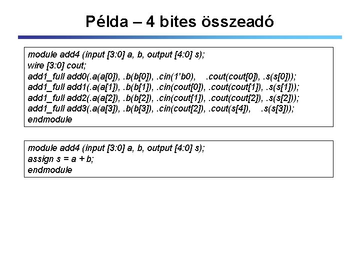Példa – 4 bites összeadó module add 4 (input [3: 0] a, b, output