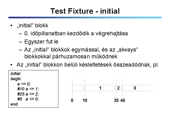 Test Fixture - initial • „initial” blokk – 0. időpillanatban kezdődik a végrehajtása –