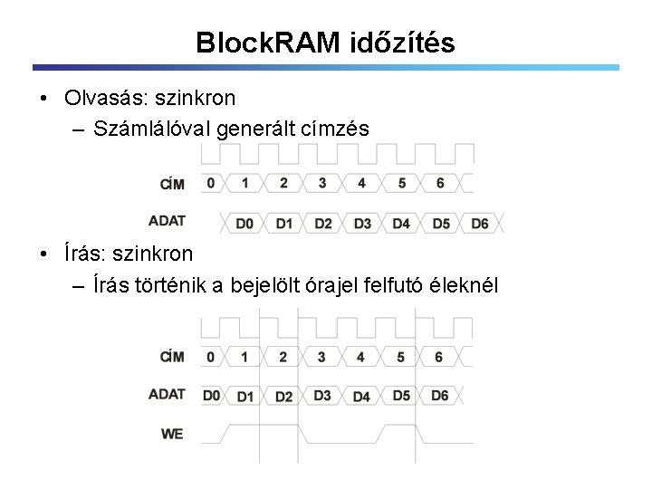Block. RAM időzítés • Olvasás: szinkron – Számlálóval generált címzés • Írás: szinkron –