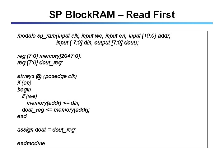 SP Block. RAM – Read First module sp_ram(input clk, input we, input en, input