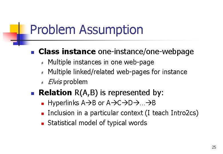 Problem Assumption n Class instance one-instance/one-webpage ≠ ≠ ≠ n Multiple instances in one