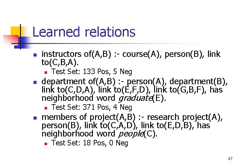 Learned relations n instructors of(A, B) : - course(A), person(B), link to(C, B, A).