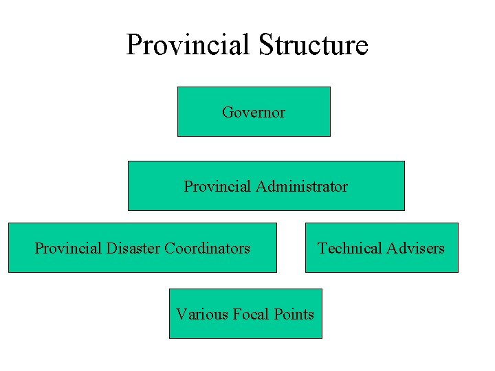Provincial Structure Governor Provincial Administrator Provincial Disaster Coordinators Various Focal Points Technical Advisers 