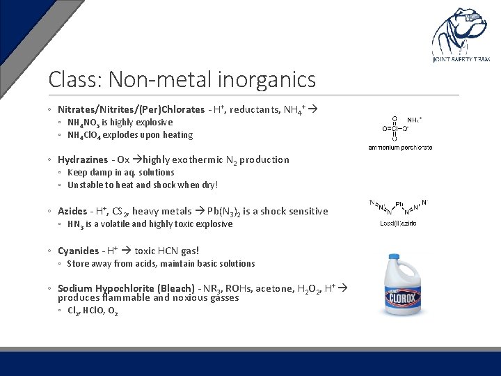 Class: Non-metal inorganics ◦ Nitrates/Nitrites/(Per)Chlorates - H+, reductants, NH 4+ ◦ NH 4 NO
