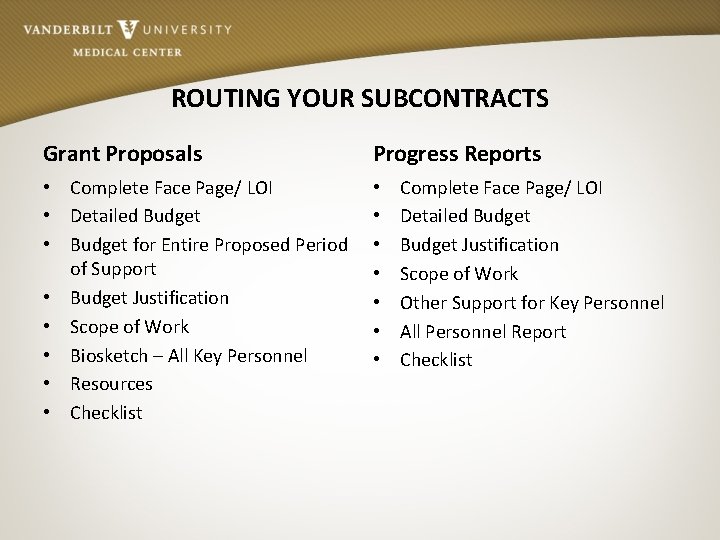 ROUTING YOUR SUBCONTRACTS Grant Proposals Progress Reports • Complete Face Page/ LOI • Detailed