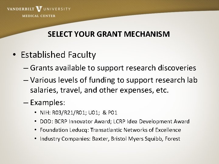 SELECT YOUR GRANT MECHANISM • Established Faculty – Grants available to support research discoveries
