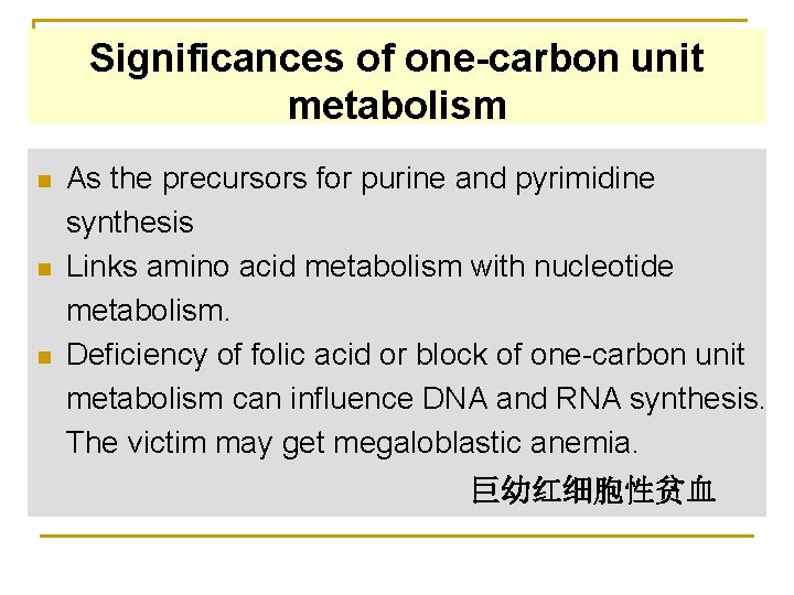 Significances of one-carbon unit metabolism n n n As the precursors for purine and