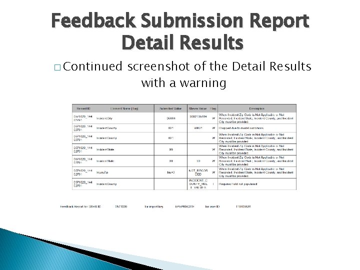 Feedback Submission Report Detail Results � Continued screenshot of the Detail Results with a