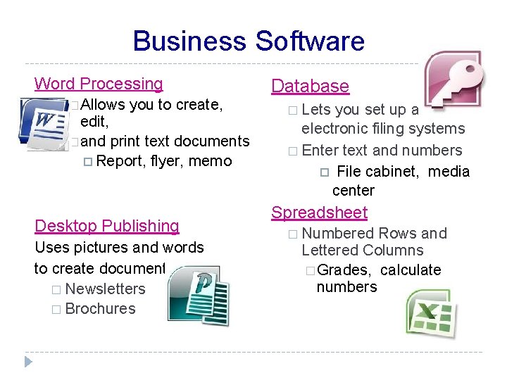 Business Software Word Processing � Allows you to create, edit, � and print text