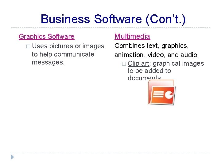 Business Software (Con’t. ) Graphics Software � Uses pictures or images to help communicate