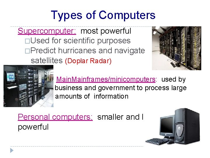 Types of Computers Supercomputer: most powerful �Used for scientific purposes �Predict hurricanes and navigate
