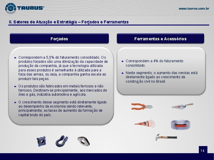 II. Setores de Atuação e Estratégia – Forjados e Ferramentas Forjados ► Correspondem a