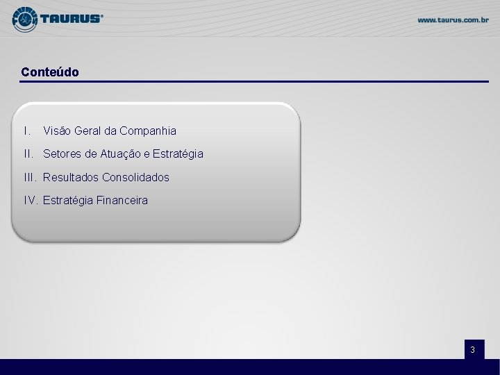 Conteúdo I. Visão Geral da Companhia II. Setores de Atuação e Estratégia III. Resultados