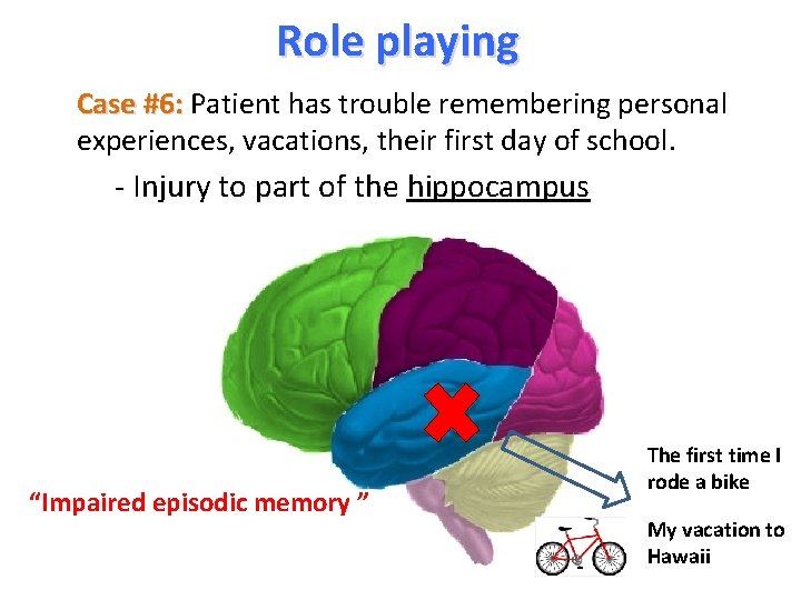 Role playing Case #6: Patient has trouble remembering personal experiences, vacations, their first day