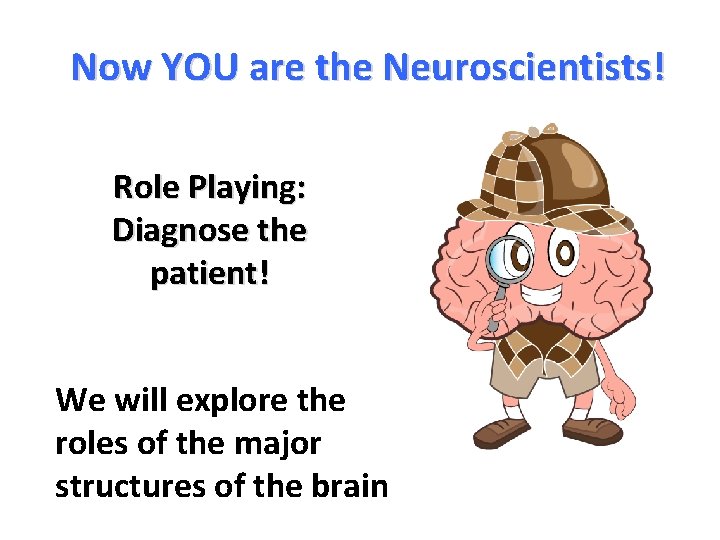 Now YOU are the Neuroscientists! Role Playing: Diagnose the patient! We will explore the