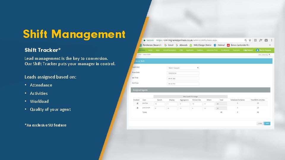 Shift Management Shift Tracker* Lead management is the key to conversion. Our Shift Tracker
