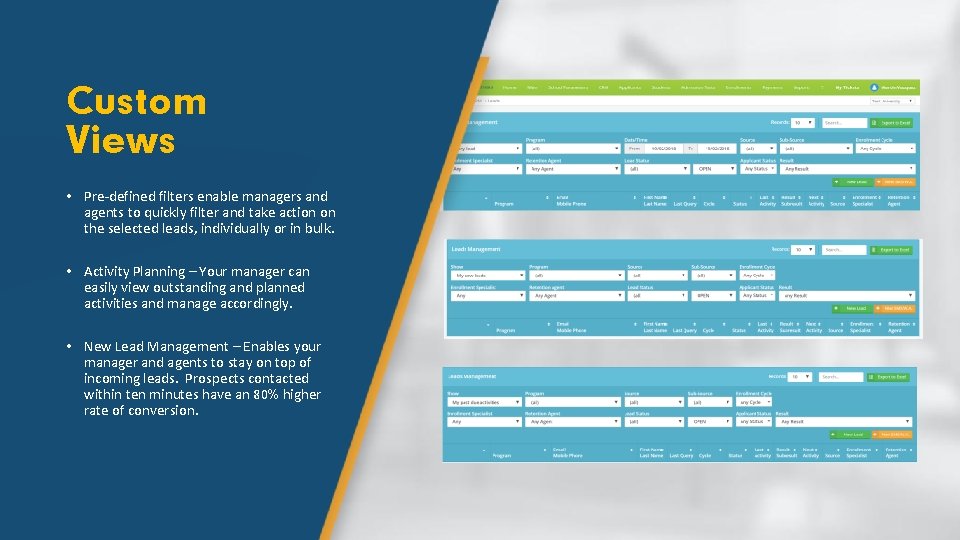 Custom Views • Pre-defined filters enable managers and agents to quickly filter and take