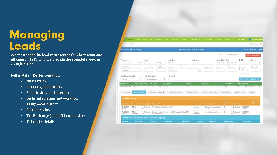 Managing Leads What’s needed for lead management? Information and efficiency, that’s why we provide