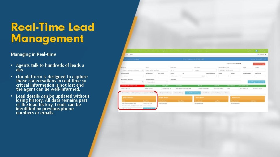 Real-Time Lead Management Managing in Real-time • Agents talk to hundreds of leads a