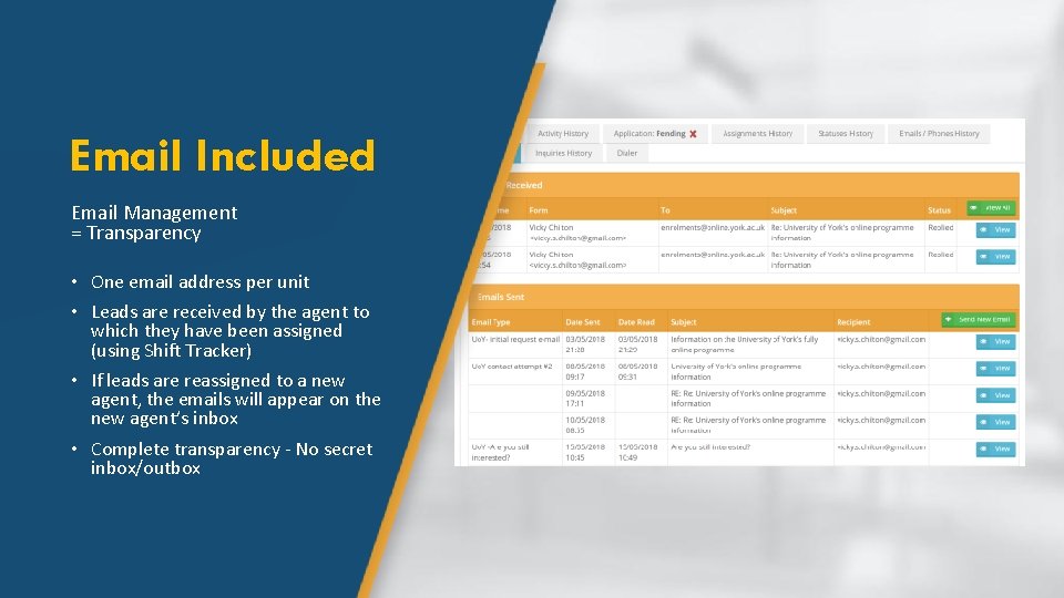 Email Included Email Management = Transparency • One email address per unit • Leads