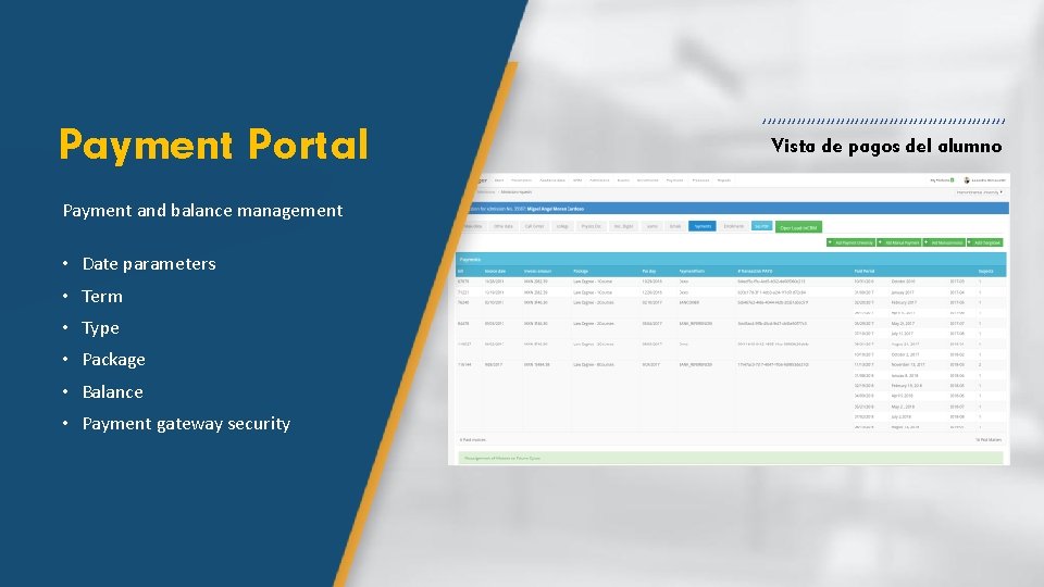 Payment Portal Payment and balance management • Date parameters • Term • Type •