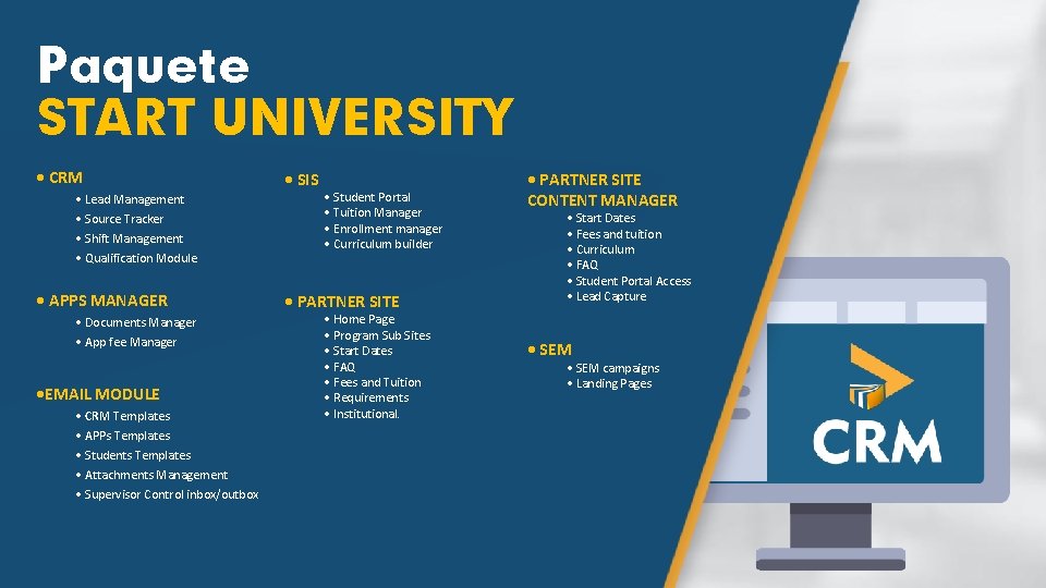 Paquete START UNIVERSITY • CRM • Lead Management • Source Tracker • Shift Management