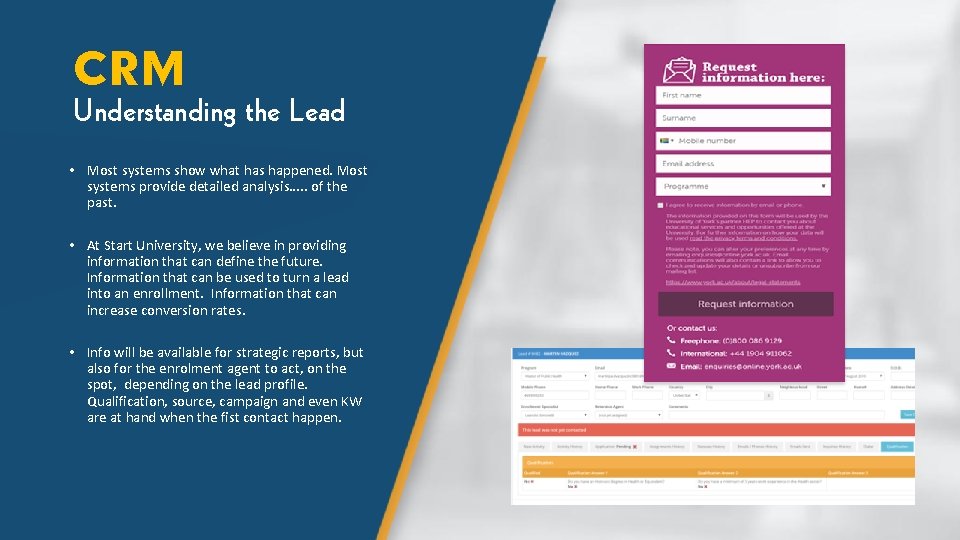 CRM Understanding the Lead • Most systems show what has happened. Most systems provide