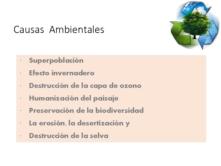 Causas Ambientales Superpoblación Efecto invernadero Destrucción de la capa de ozono Humanización del paisaje