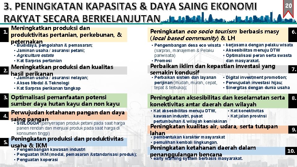 3. PENINGKATAN KAPASITAS & DAYA SAING EKONOMI RAKYAT SECARA BERKELANJUTAN 1. Meningkatkan produksi dan