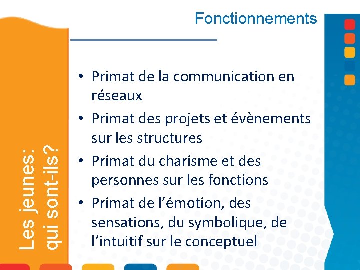 Les jeunes: qui sont-ils? Fonctionnements • Primat de la communication en réseaux • Primat