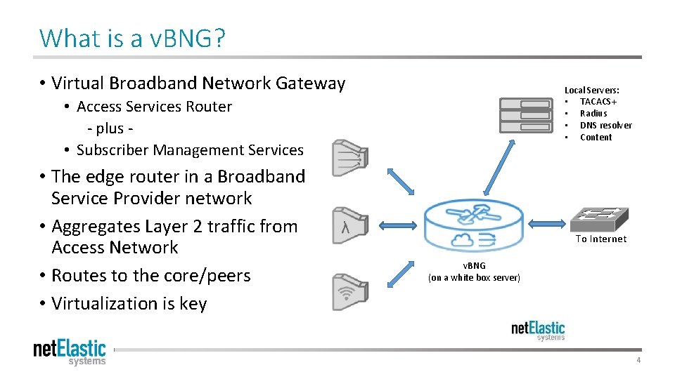 What is a v. BNG? • Virtual Broadband Network Gateway Local Servers: • TACACS+