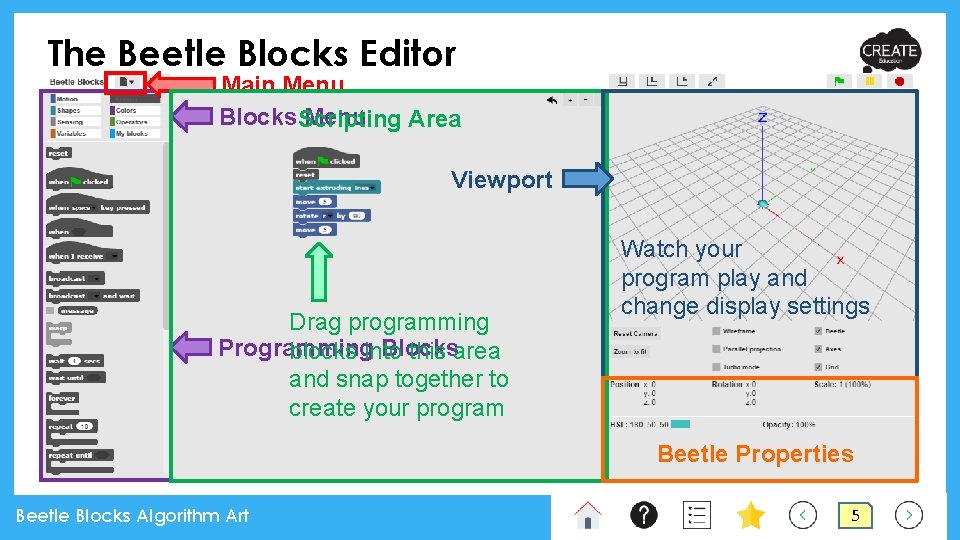 The Beetle Blocks Editor Main Menu Blocks Scripting Menu Area Viewport Drag programming Programming The Beetle Blocks Editor Main Menu Blocks Scripting Menu Area Viewport Drag programming Programming
