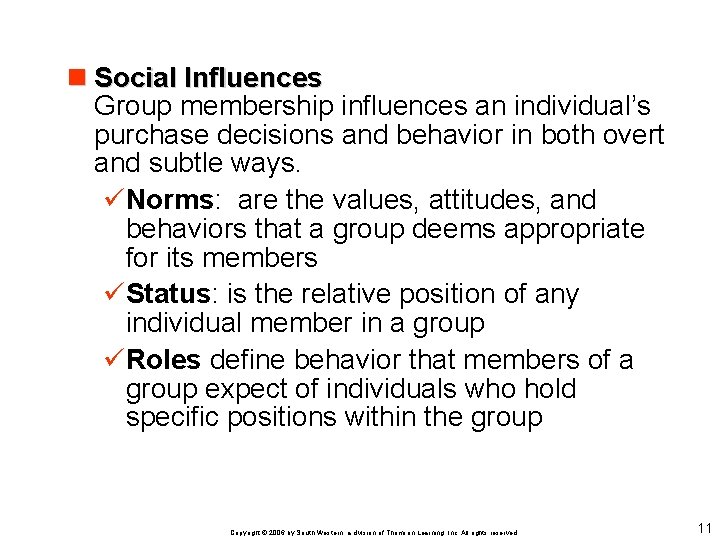 n Social Influences Group membership influences an individual’s purchase decisions and behavior in both