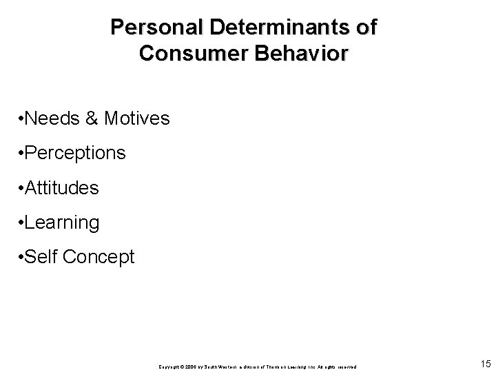 Personal Determinants of Consumer Behavior • Needs & Motives • Perceptions • Attitudes •