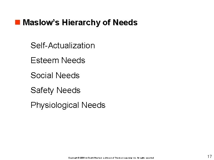 n Maslow’s Hierarchy of Needs Self-Actualization Esteem Needs Social Needs Safety Needs Physiological Needs