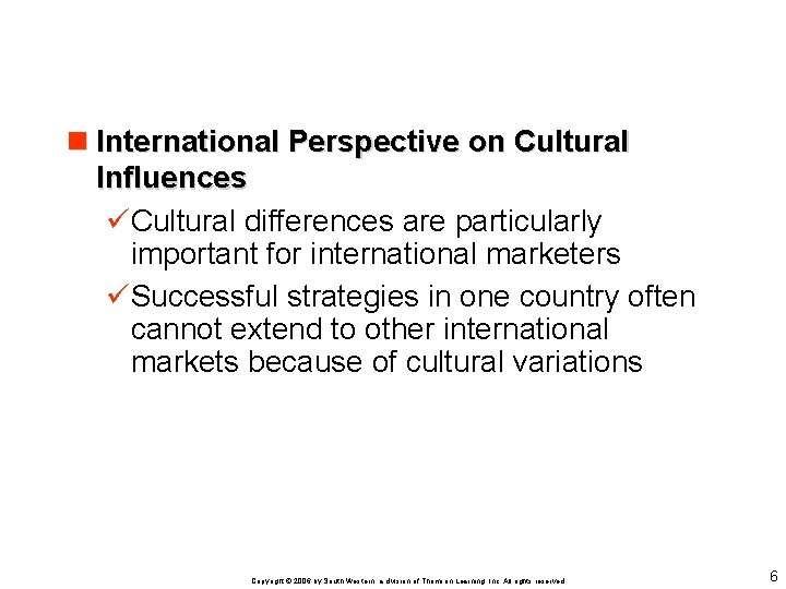 n International Perspective on Cultural Influences üCultural differences are particularly important for international marketers