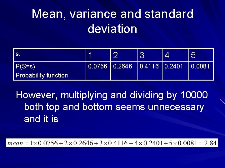 Mean, variance and standard deviation s. 1 P(S=s) Probability function 0. 0756 0. 2646