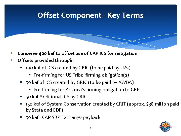 Offset Component– Key Terms • Conserve 400 kaf to offset use of CAP ICS