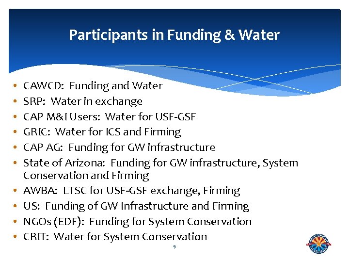 Participants in Funding & Water • • • CAWCD: Funding and Water SRP: Water