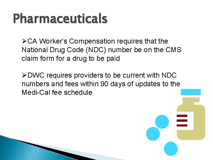 Pharmaceuticals ØCA Worker’s Compensation requires that the National Drug Code (NDC) number be on