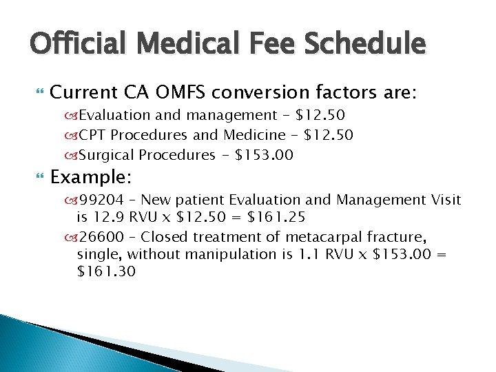 Official Medical Fee Schedule Current CA OMFS conversion factors are: Evaluation and management -