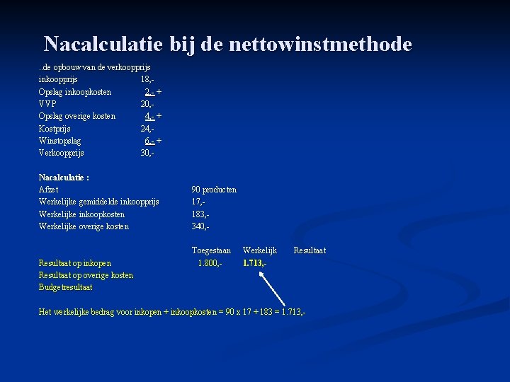 Nacalculatie bij de nettowinstmethode. . de opbouw van de verkoopprijs inkoopprijs 18, Opslag inkoopkosten