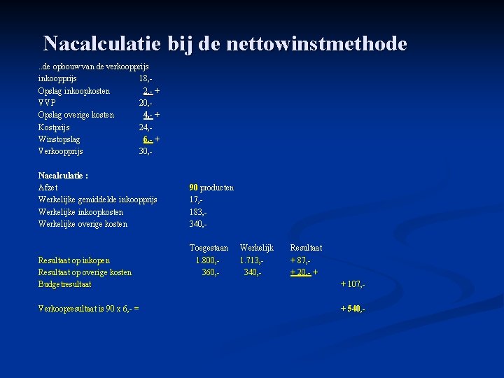 Nacalculatie bij de nettowinstmethode. . de opbouw van de verkoopprijs inkoopprijs 18, Opslag inkoopkosten