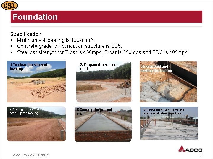 Foundation Specification • Minimum soil bearing is 100 kn/m 2. • Concrete grade for