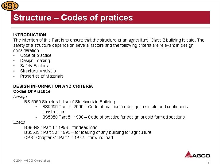 Structure – Codes of pratices INTRODUCTION The intention of this Part is to ensure