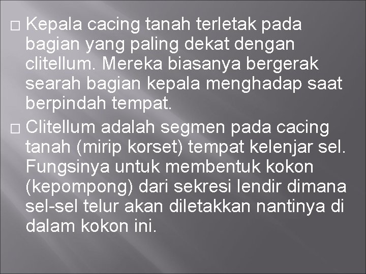 Kepala cacing tanah terletak pada bagian yang paling dekat dengan clitellum. Mereka biasanya bergerak